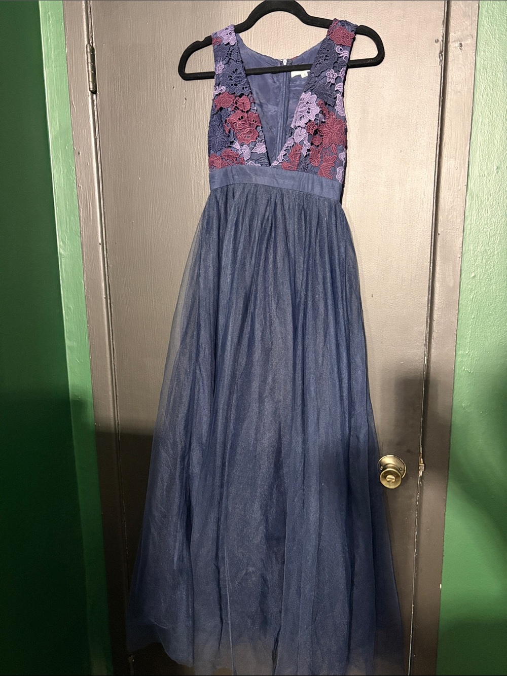 Girls Navy Blue Tulle Dress with Floral Lace Bodice